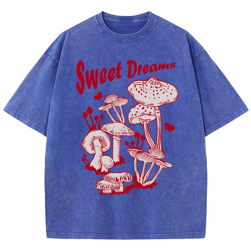Sweet Dreams Mushroom Design Washed T-Shirt Women Summer T Shirts Cotton Top Multicolor Oversized Clothes