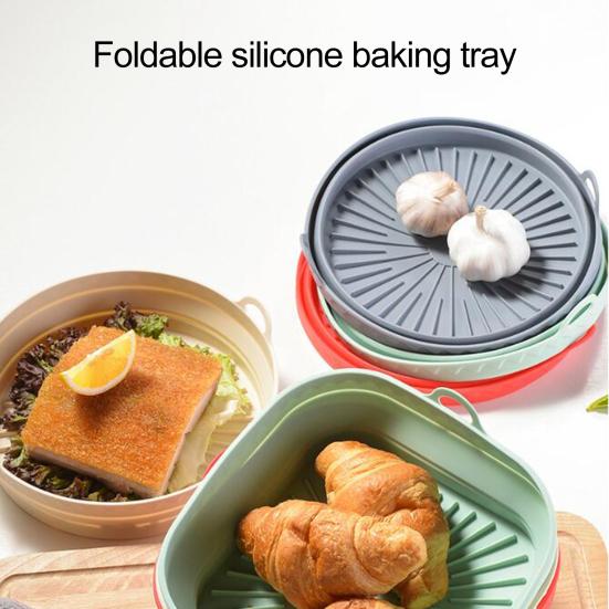 Round Silicone Fryer Liner Dual Handles Food Grade BPA Free Heat Resistant Dishwasher Safe Reusable Oven Baking Tray Basket Bowl Kitchen Supplies