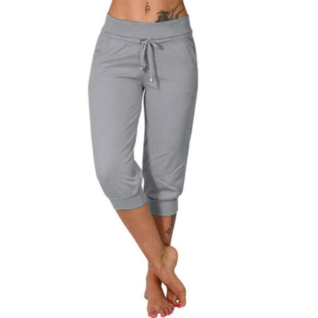 Women Classic Solid Color Jogging Pants Cotton Linen Capris Trousers Bandage Double Pocket Pants Summer Beach Vacation Wear
