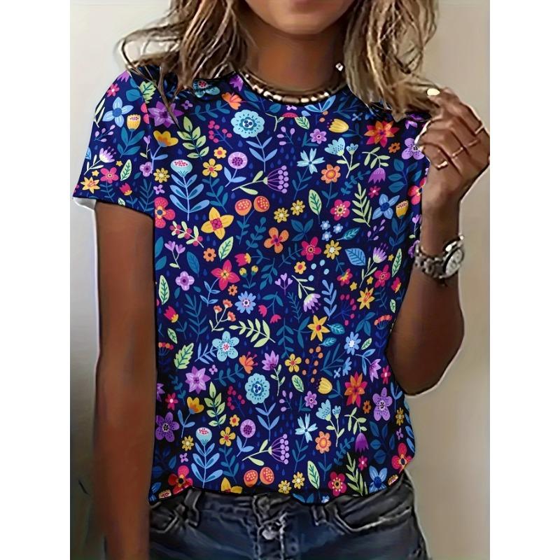 Casual style blue small flower women s printed T-shirt S