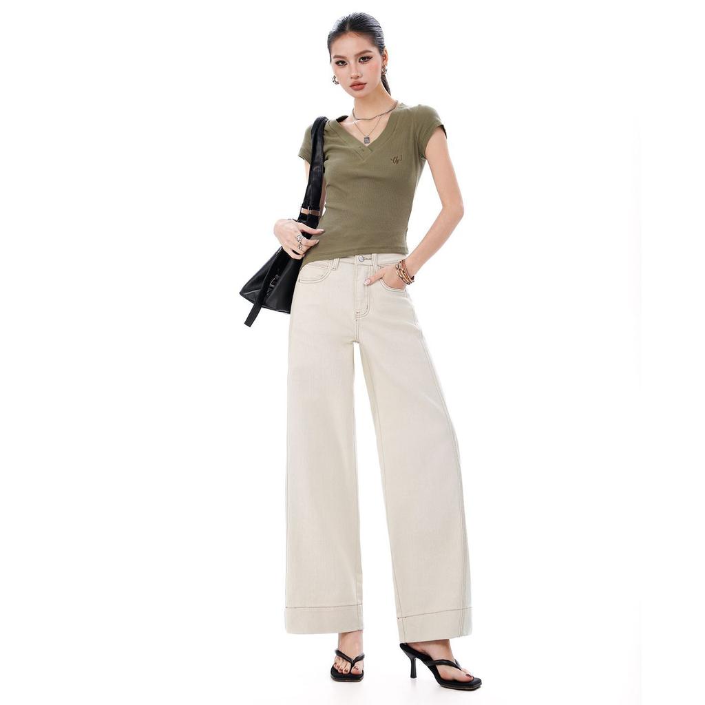 Spring Summer Off White High Waist Stretch Slim Relaxed Wide Leg Cropped Mom Style Nine Points Denim Pants Ladies Casual Pants Oversize Denim Trousers