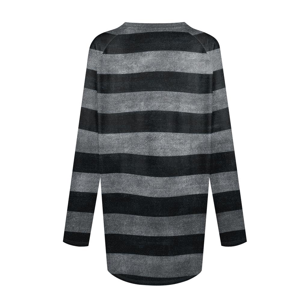 Women's Fashionable Casual Long-Sleeved Striped Print V-Neck Mid-Length Top