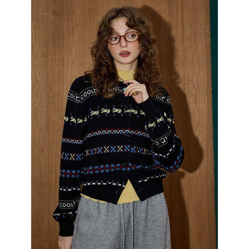 Coolhut Fair Isle Retro Design Jacquard Soft and Lazy Style Autum New Pure Cotton Women's Sweater Cardigan