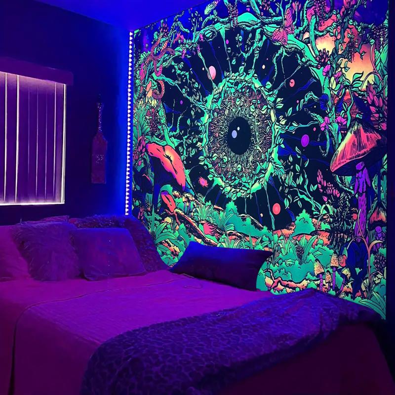 1PC fluorescent mushroom flower plant tapestry, UV responsive eye tapestry, butterfly, snake tapestry, galaxy tapestry