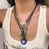 5 Stück Ethnischer Friedensschnallen Blauer Türkischer Glücksaugen Anhänger Choker Halskette für Frauen Vintage Stein Leder Wachsfaden Kette Schmuck