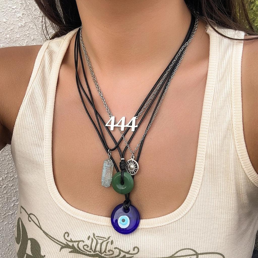 5 Stück Ethnischer Friedensschnallen Blauer Türkischer Glücksaugen Anhänger Choker Halskette für Frauen Vintage Stein Leder Wachsfaden Kette Schmuck