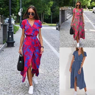 Women's Fashion Summer Spring Short Sleeve V-Neck Casual Dresses