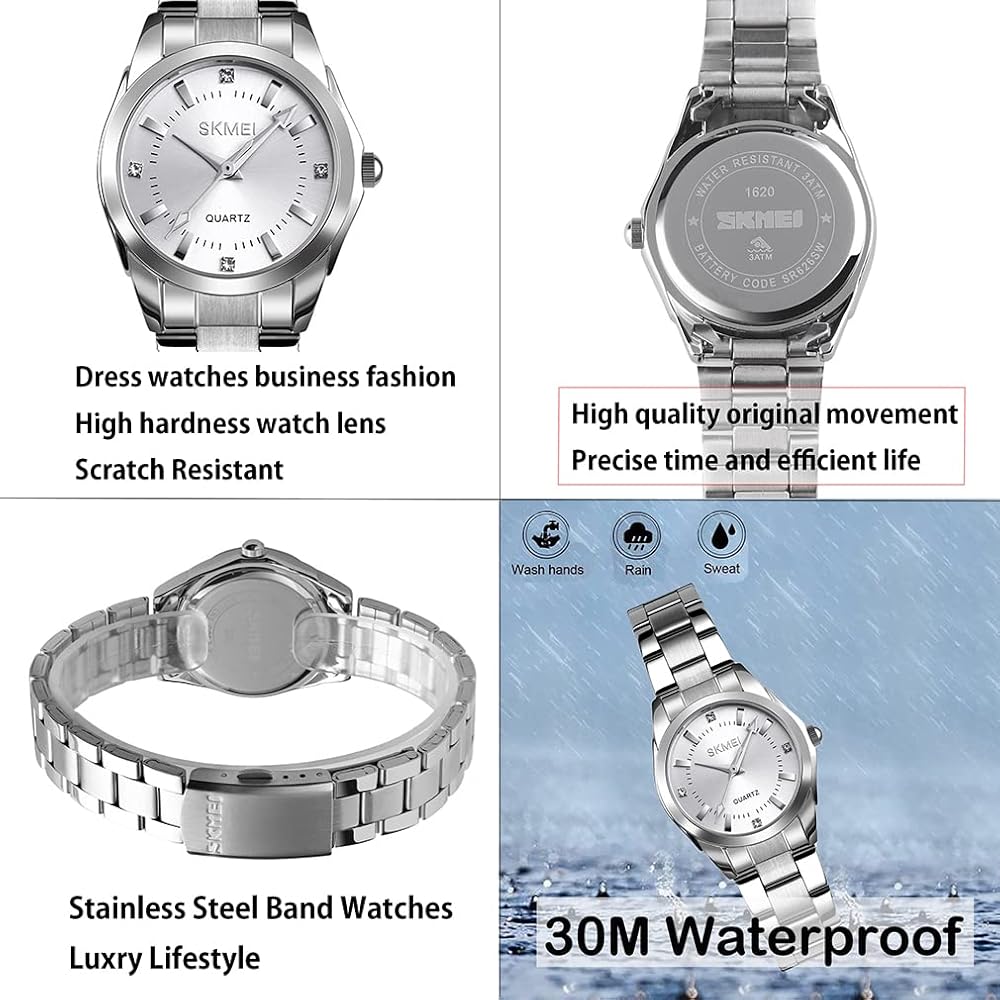 SKMEI Women's Classic Analog Quartz Watch Stainless Steel Waterproof Casual Silver