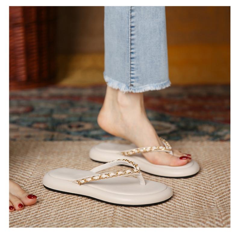 Ladies Shoes On Sale  New Fashion Metal Chain Women's Slippers Summer Flat Casual Beach Flip Flops for Women Chaussure Femme