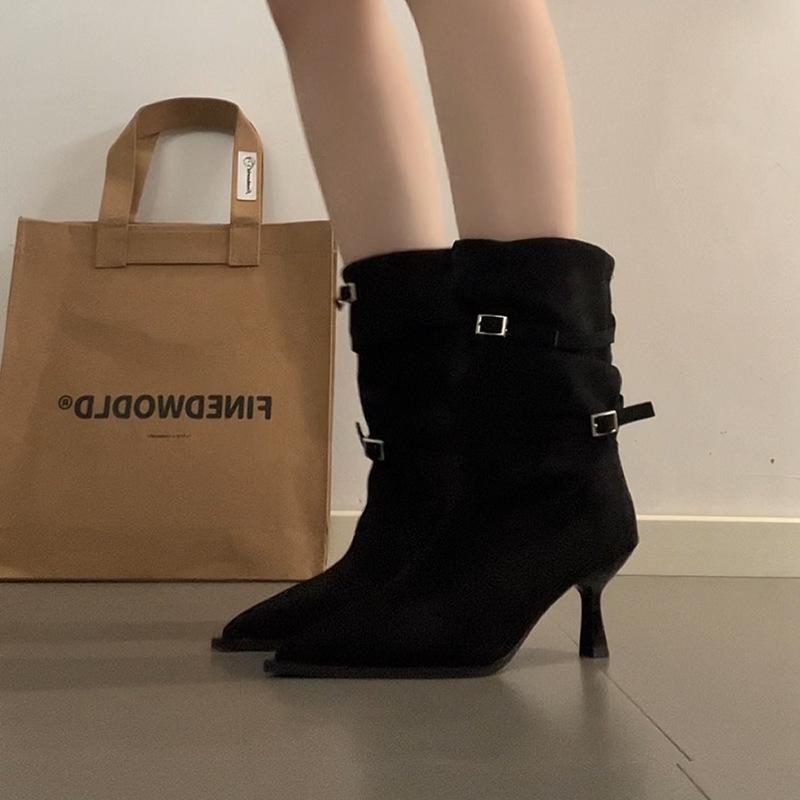 Thin heel French skirt heightening fashion boots women's 2025 autumn and winter new belt buckle simple versatile comfortable short boots