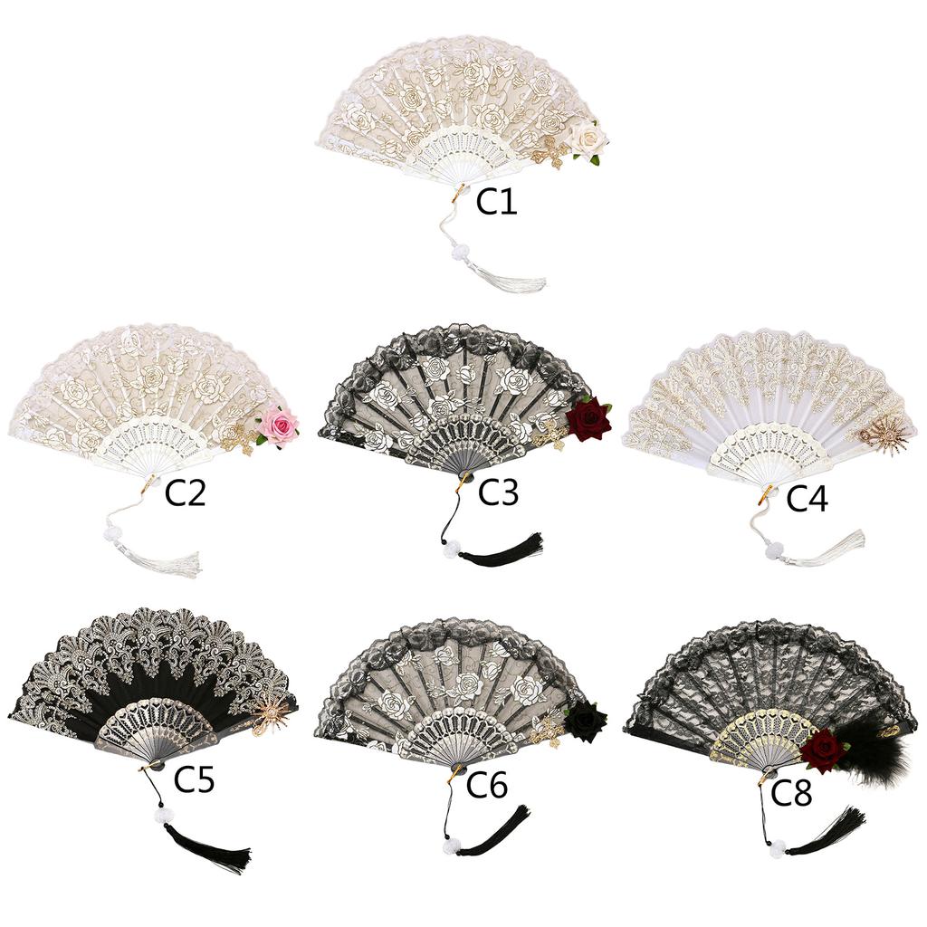 Retro Fan with Tassels Flower Fan Folding Fan Hand Fan Halloween Lace Fan Photo Props for Dancing Party