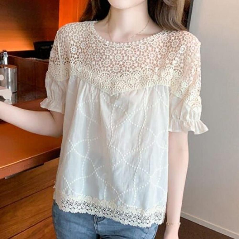 Navava Women Romantic Lace Round Neck Short Sleeve Blouse Nb2572