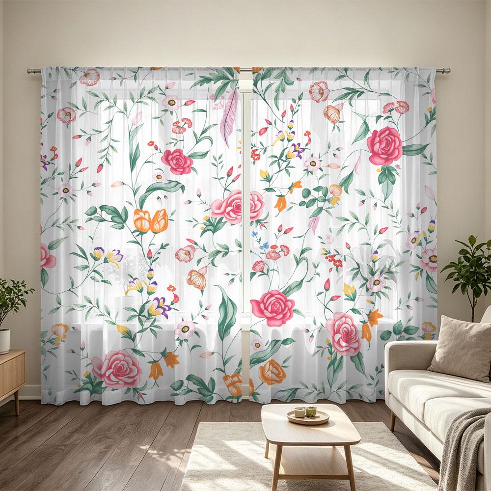 2Pcs Rod Pocket Curtain Light Block Privacy Drape Living Bedroom Multicolor Vintage Floral Print Window Curtain For Home Deco