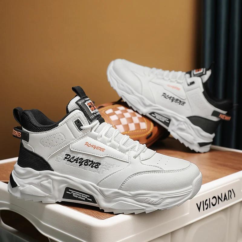 Fashion High Top Men Sneakers Leather Lightweight Mens Casual Shoes Outdoor Walking Shoes Breathable Anti Slip Running Shoes