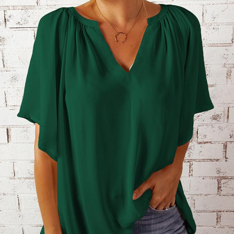 Summer Women Fashion Solid Color Chiffon T-shirt Loose Folds Casual Top