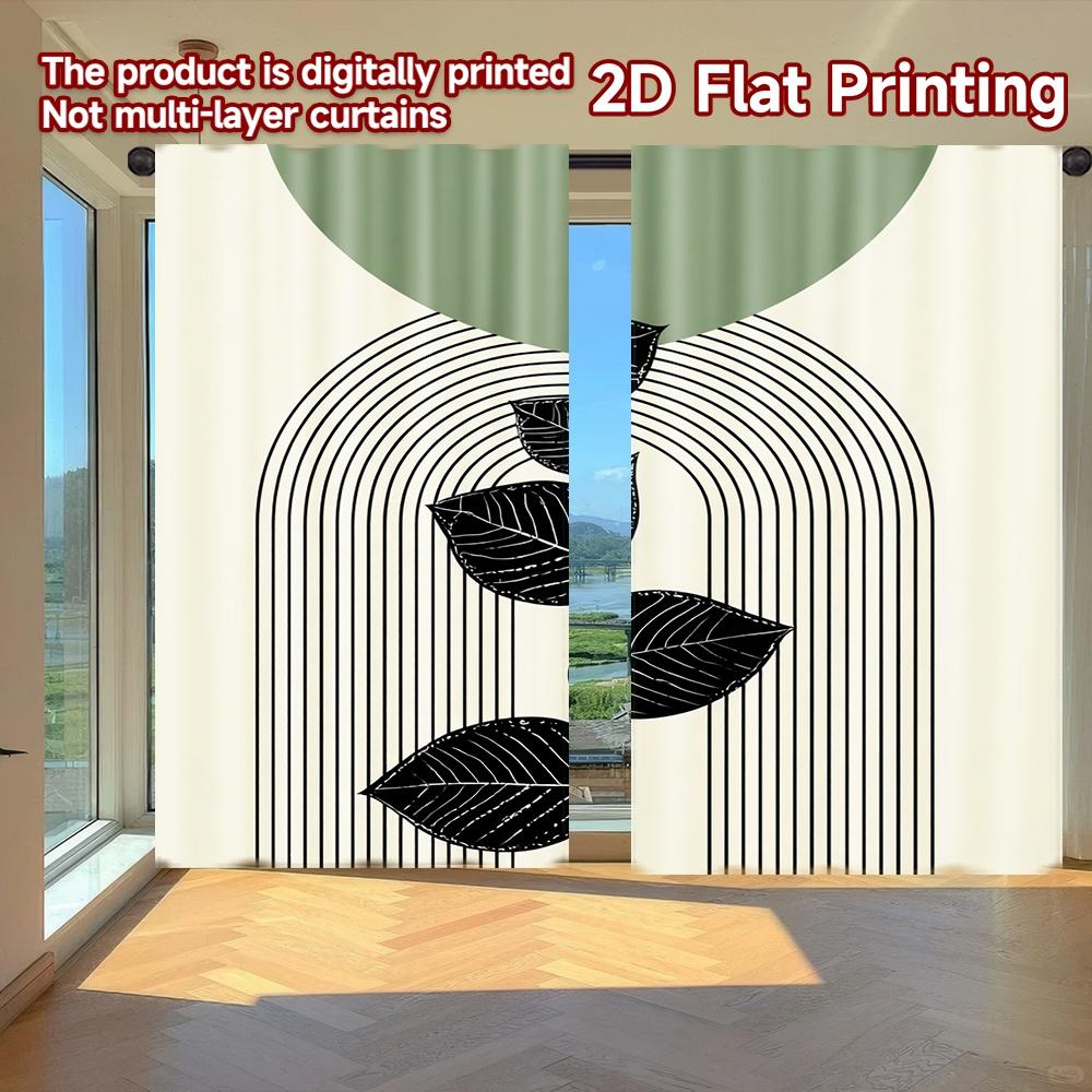 

Set Of 2 Flat Printing Curtains Without Rod Green Leaves Curved Lines Easter Festival Chic Print Versatile Curtain Polyester W100*H70(CM)-Rod Pocket&2PCS