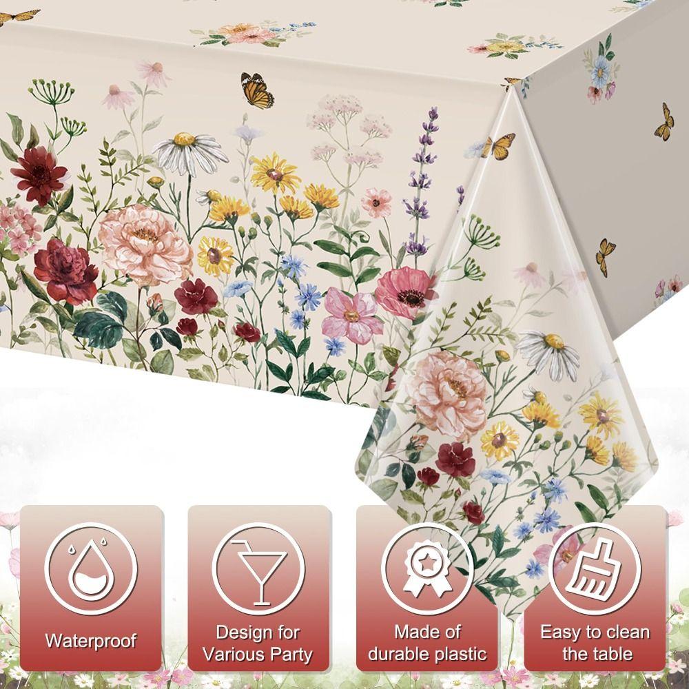 Butterfly Wildflower Spring Floral Tablecloth Waterproof Reusable Table Mat DIY Rectangle Shape Table Cover Wedding Celebration