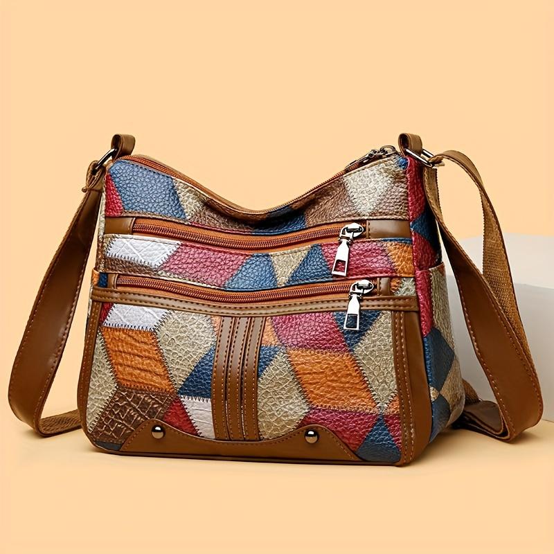 

Fashionable Large Capacity Crossbody Bag, Elegant Single Shoulder Bag with 3D Pattern Colorblock Faux Leather Tote for Daily Use коричневый