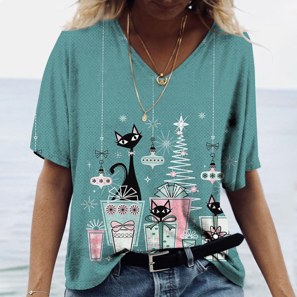 Summer V-neck 3D Cat Printed Top Fashionable Casual Short Sleeved Women's T-shirts