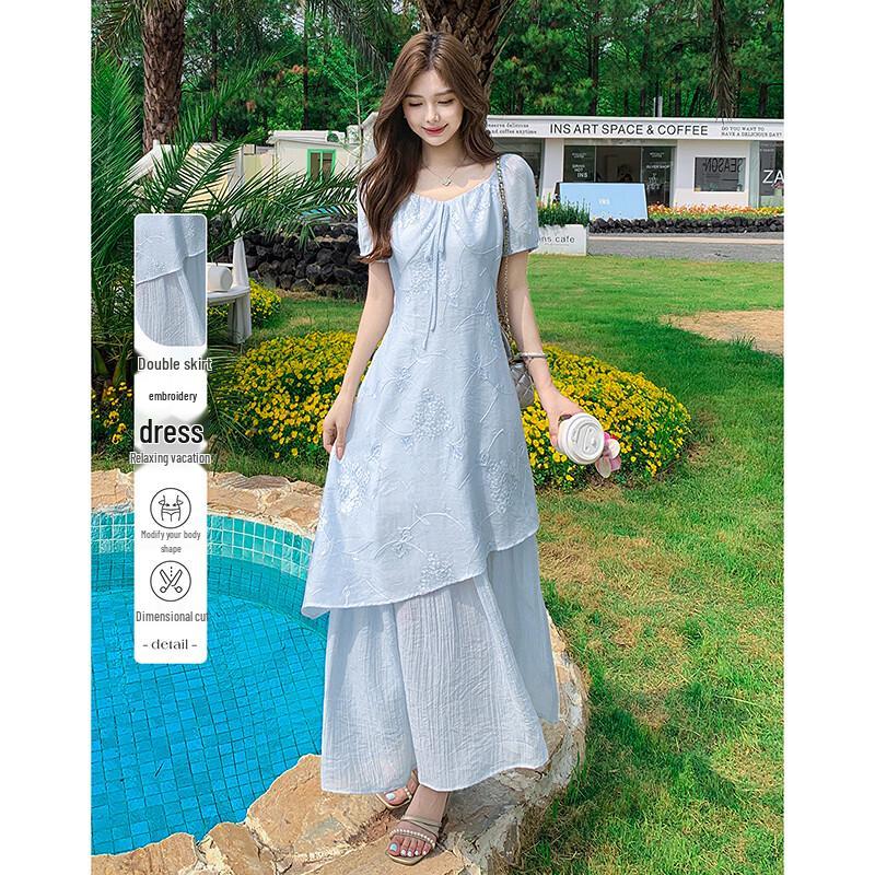 Summer Elegant Embroidered A-Line Dress with Double-Layer Hem S