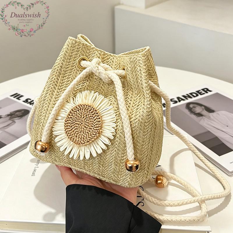 2026 Summer New Style Straw Woven Bucket Bag For Women Fashion Small Crossbody Shoulder Bag With Cherry Sunflower Decor
