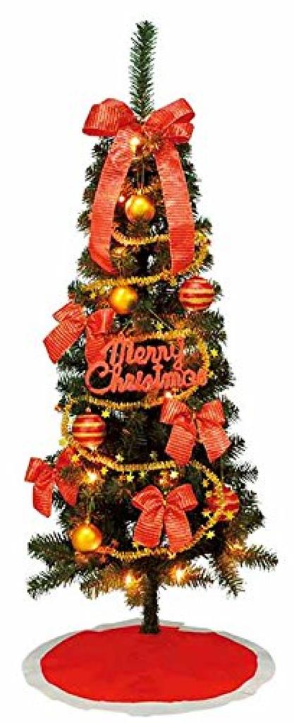 135cm Slim Christmas Tree with Illuminated Ornaments and Tree Green and Red Skirt,