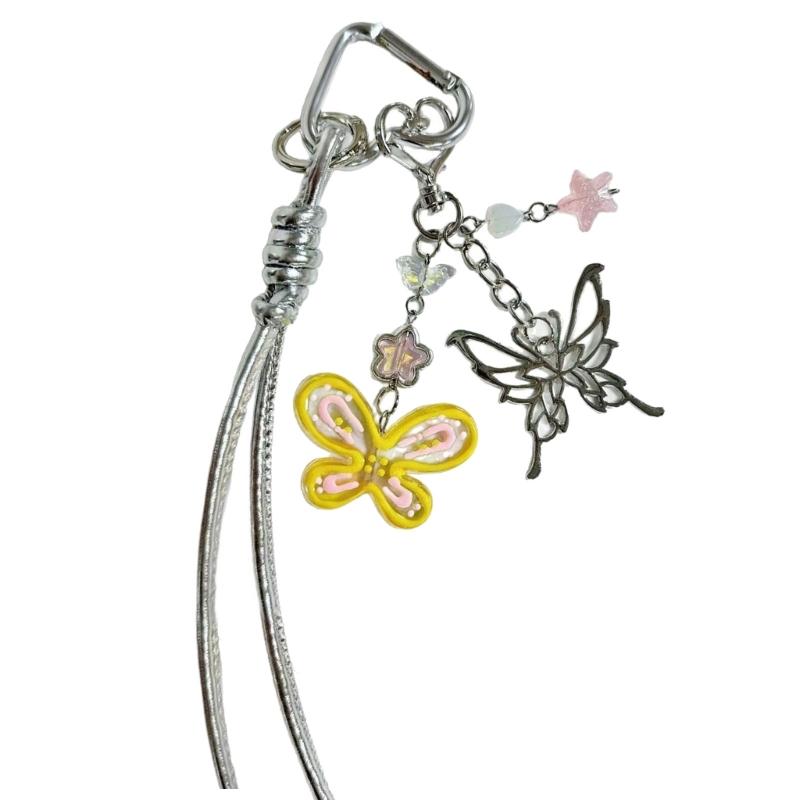 Hand Painted Butterfly Beaded Keychain For Bag Charm Spring Theme Double Tone Sparkling Jewelry Phone Accessory