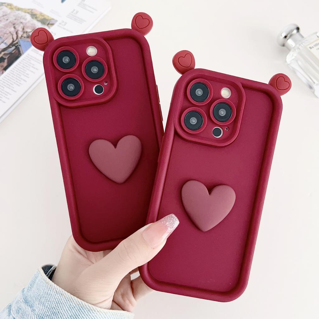 Burgundy Three-dimensional Ear Love Applies To iPhone17Promax Mobile Phone Case Apple 16/15 Cute 14/13