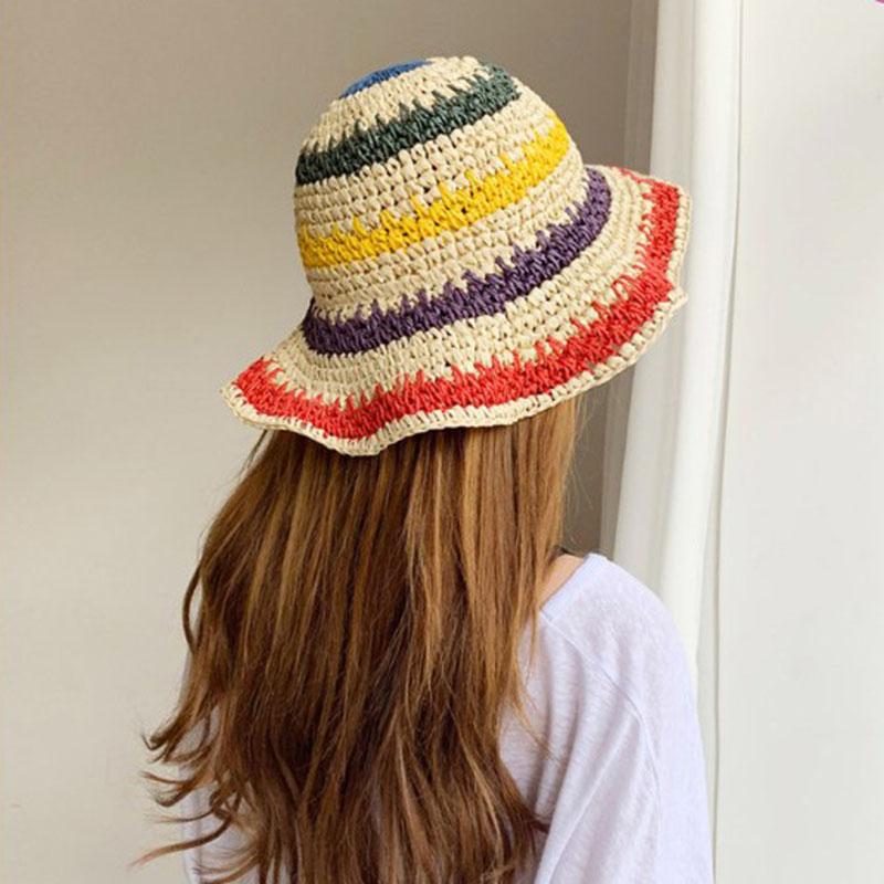 2021 Womens Straw Hat Rainbow Crochet Hand-made  Panamas UV Protection Sun Visor Beach Hats Women Visors Foldable Summer Sun Hat