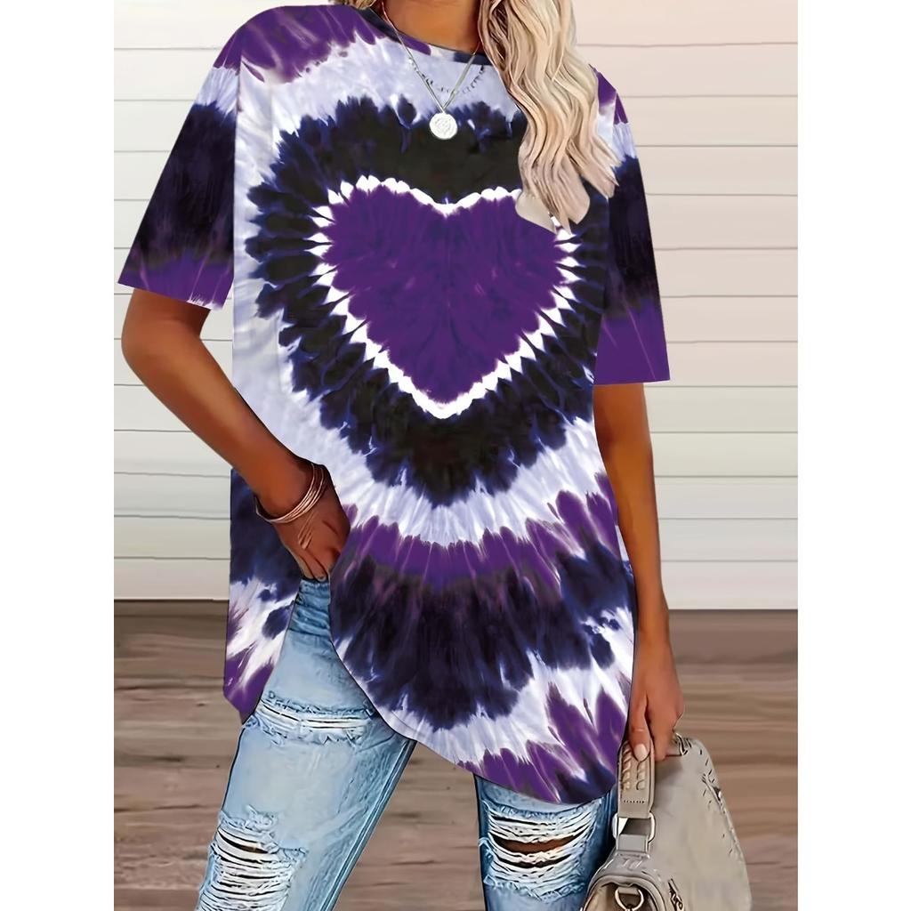New Plus Size Women's Tie-dye Love Heart Print T-shirt, Casual Short Sleeve Top for Spring Summer
