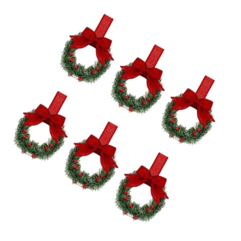 6Pcs Artificial Wreath 13cm Small Christmas Wreaths Ribbon Bows Wreath for Front Door Kitchen Cabinets Wall Window