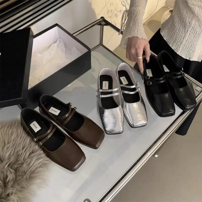 Fashion Women's Shoes 2024 Brand Mary Janes Women's Flats Fashion Buckle Strap Office and Career New Square Toe Flat Low Heels Zapatos