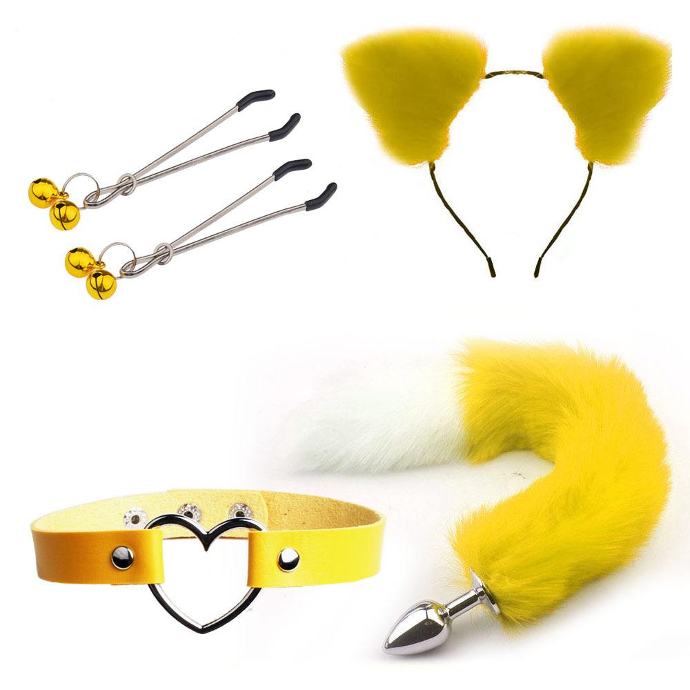 Anal Sex Toys Fox Tail Butt Plug Sexy Plush Cat Ear Headband with  Leather Necklace Set Massage Sex Toys Women Couples Cosplay