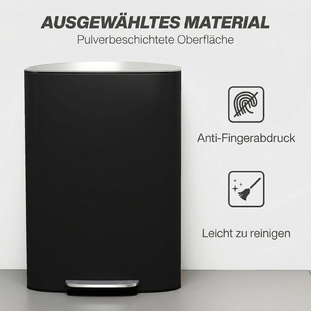 Trash Can Kitchen 50 Liter Pedal Bin with Stay-Open Function, Soft-Close Lid, Pedal, Black