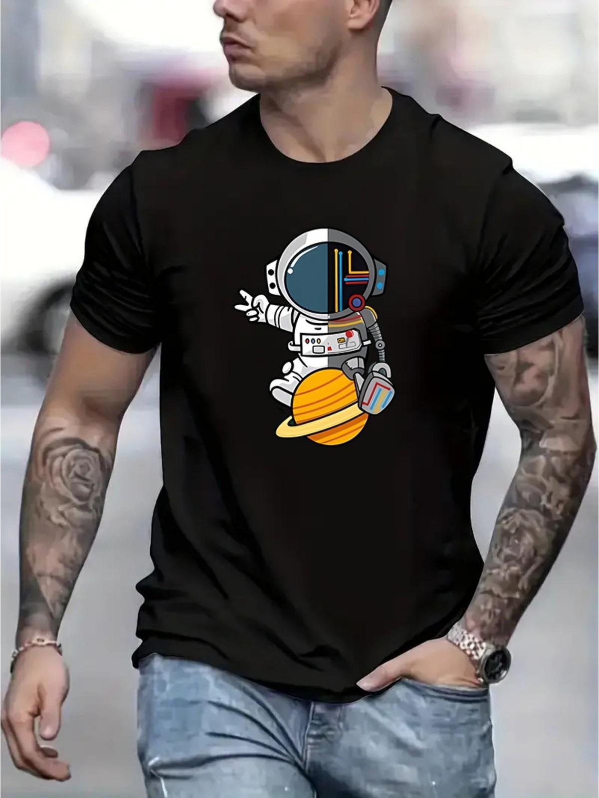 Casual Stylish Print Short-Sleeve T-Shirt Featuring a Cartoon Astronaut XXL