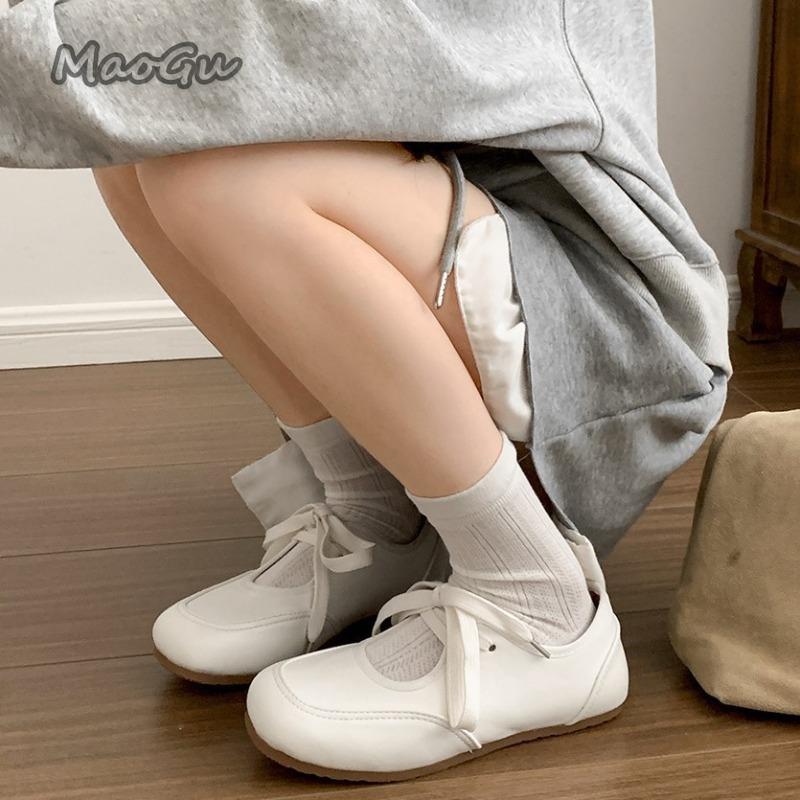 Fashion White French Retro Ballet Flats for Women 2025 Spring Autumn Mary Jane Shoes Low Heel Pumps Lace Up Round Toe Bow Casual Shoes