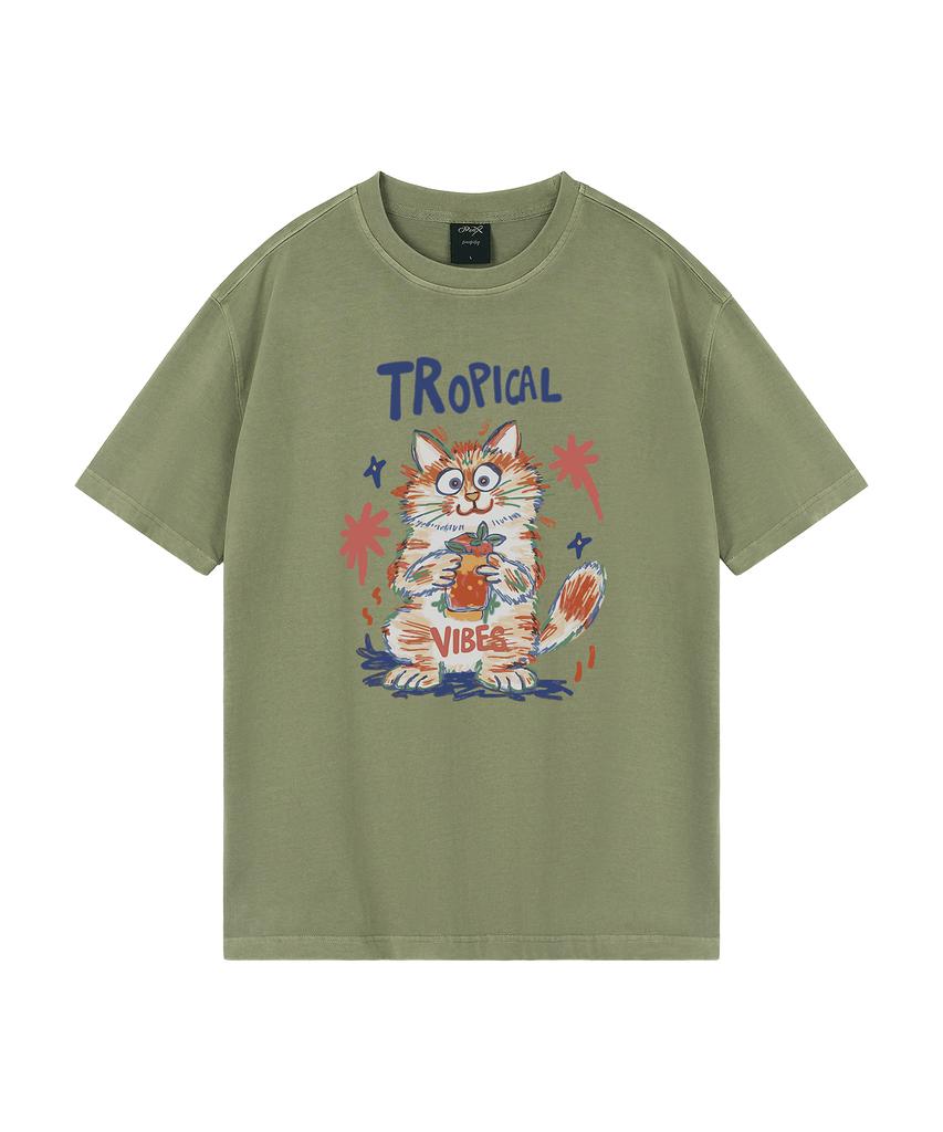 WILDROCK Hollysheesh Tropical Cat Pigment Oversized Short Sleeve T-Shirt_6 Colors (Cropped) (Type A)