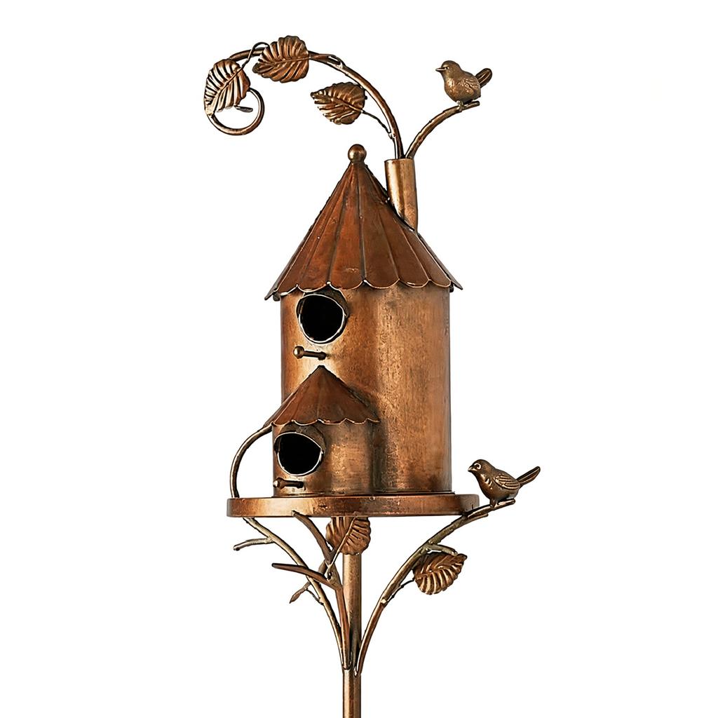 Handmade Iron Birdhouse Metal Garden Stakes Bird House Pole Stand Rustic Feeder Nesting Box for Outside Patio