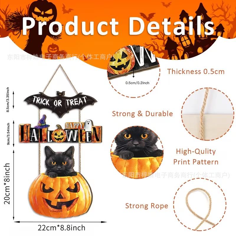 Wooden Halloween Door Hanging Decorations Bat Pumpkin Porch Sign Wall Decor Haunted House Ghost Spider Web Holiday Indoor Outdoor Home Ornament