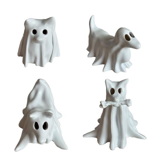 Estatueta de Cão Fantasma Drapeado Halloween Escultura de Cão Fantasma Iluminada Ornamento de Mesa de Resina para Decoração de Prateleira de Quarto Doméstico Interno