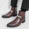 Designer New Men Metal Chain Pointed Toe Casual Ankle Boot Male Winter Fashion Black Brown Chelsea Leather Shoes Zapatos Hombre
