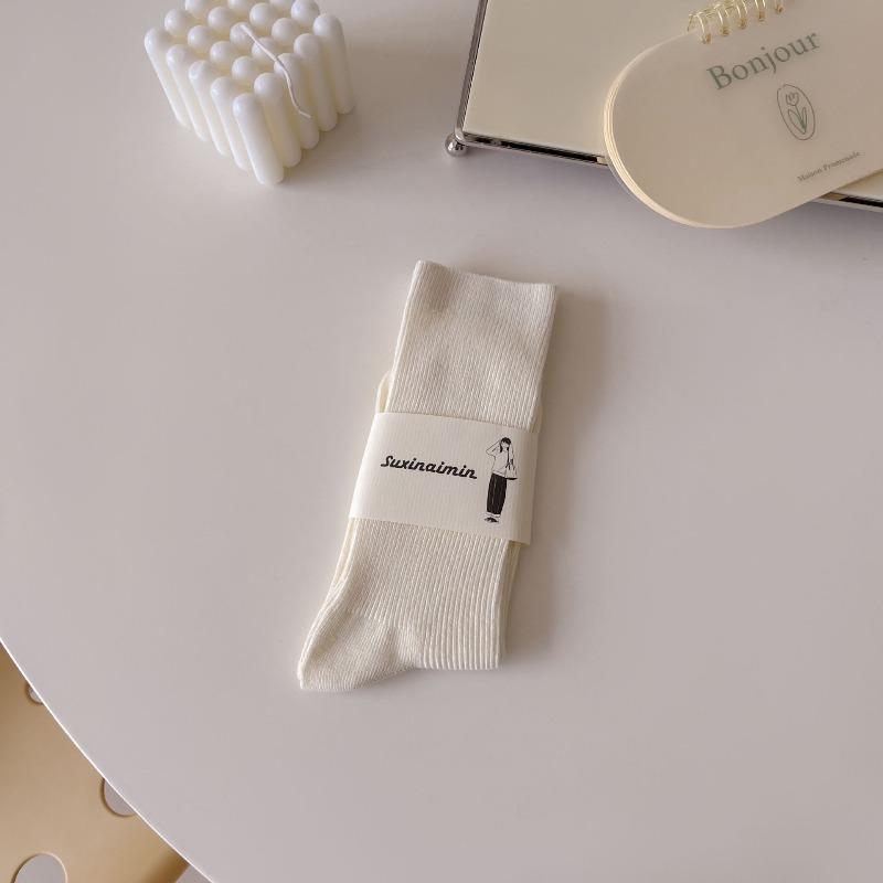 White Pile Pile Socks - Spring and Autumn Fine Combed Cotton Moisture-wicking Ladies' Socks, Trendy Mid-calf Socks, Cream-colored Socks