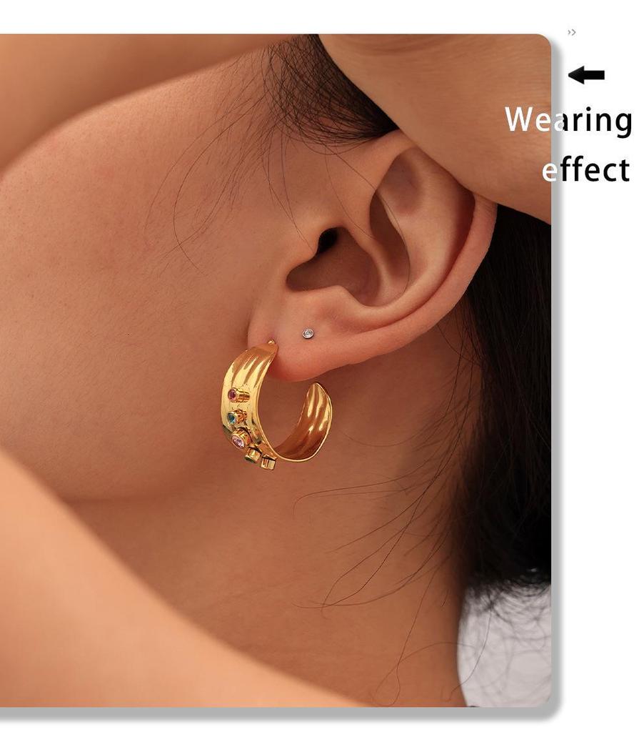 Qiong Yao Mixed Color Cubic Zirconia Open Ring C-shaped Earrings, 18K Gold Plated Stainless Steel Jewelry Set for Women