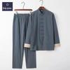 Men's Retro Embroidered Tang Suit Set - Cotton & Linen Long Sleeves for Spring/Autumn Zen Meditation