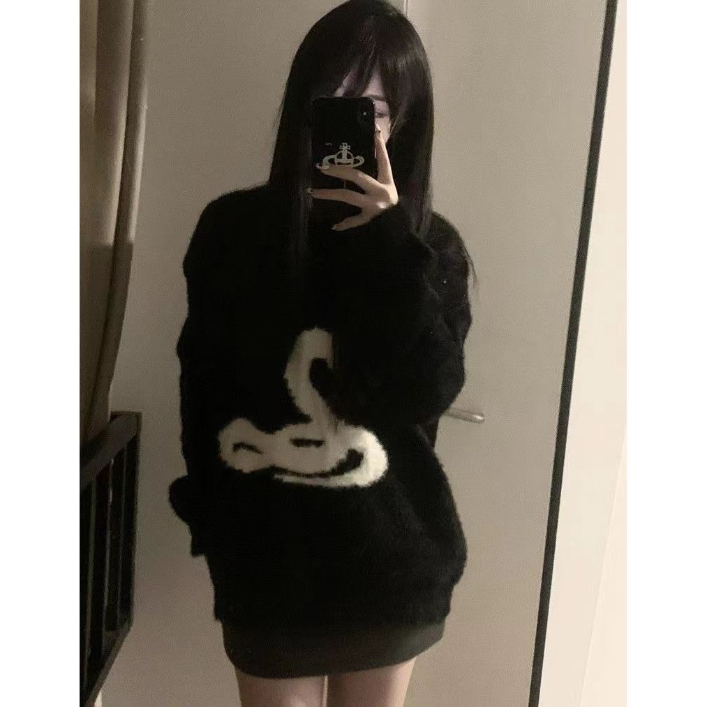 Y2k vit gotiskt tryck dam tröja Oversized Harajuku Koreanskt mode stickade tröjor Orm Höst Varm Streetwear