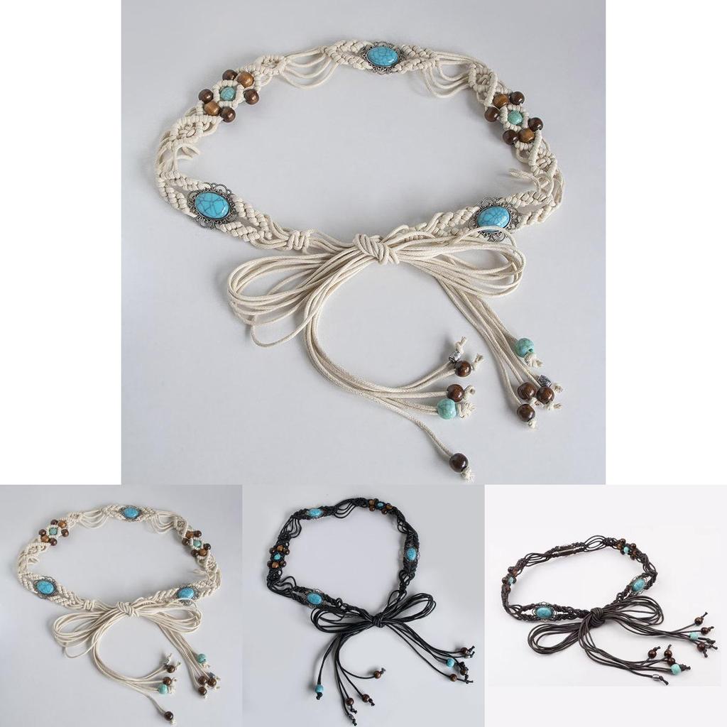 Bohemian Style Cotton Waist Belt With Turquoise Resin Beads For Summer Festival Outfits