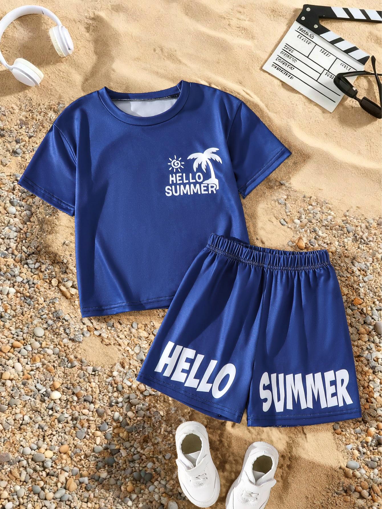 Boys  Two-Piece Vacation-Style Outfit: Short-Sleeve T-Shirt with Letter Print & Matching Casual Shorts Set (Spring/Summer Collection) 4Y синий