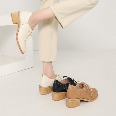 Schoenen met blokhak in retro leer, Britse stijl, hoge hak, enkelvoudige schoenen, casual schoenen, modieuze veelzijdige damesschoenen
