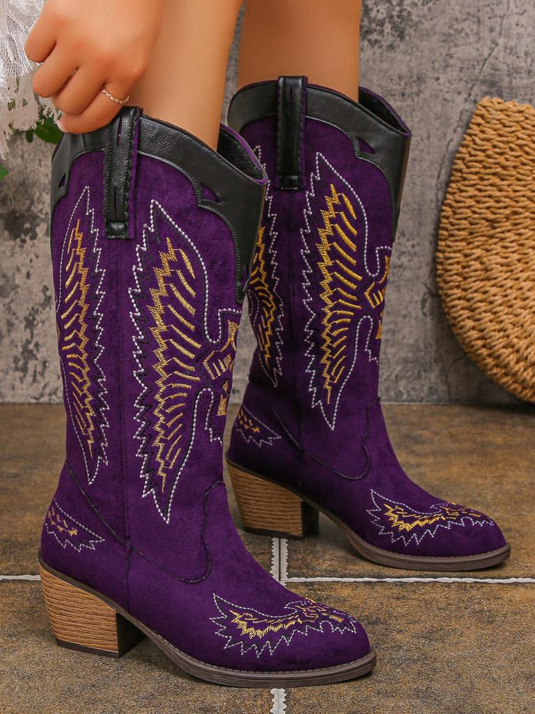 Fashion 2025 New Style Fashionable European and American Pointed-toe, Thick-heeled, High-top, Large-sized Western Cowboy Boots