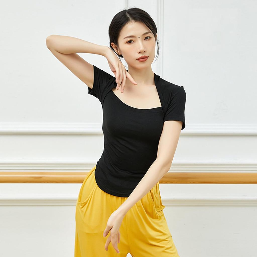 Yuoku Ballet Short Square Solid Practice Jazz Elegant Dance Costume B01 Green Women's T-Shirt, Sleeves, 3/4 Sleeves, Neck, Color, Wear, Dance, Yoga,